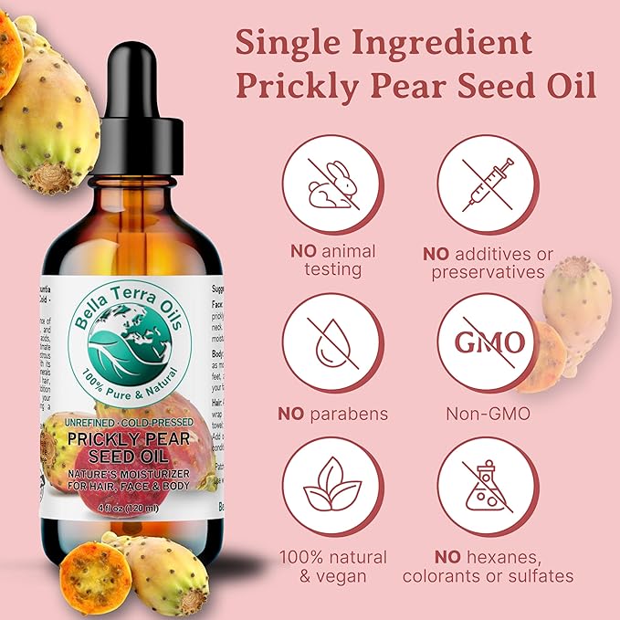 Bella Terra Oils - Prickly Pear Oil 4 oz - Extracted from Cactus Pear, Enriched with Omega-6, Vitamin K, Experience the Opulence of Nature