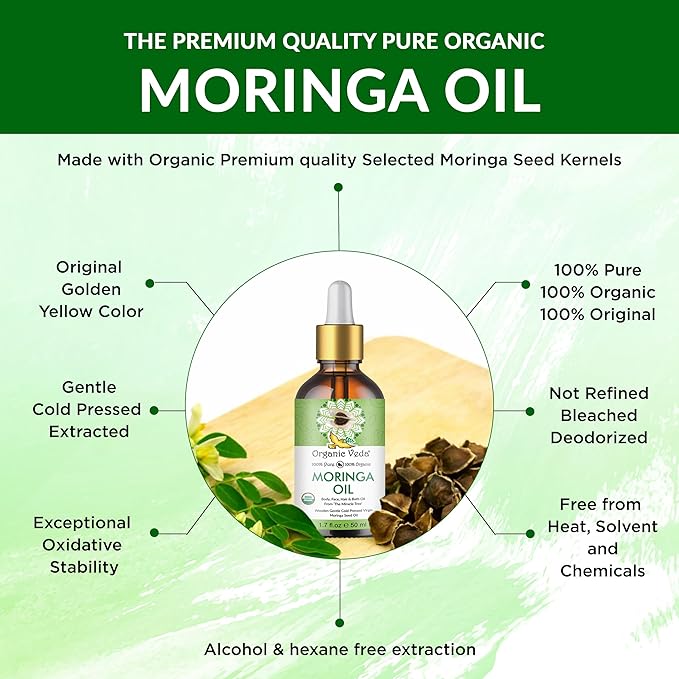 Organic Veda Moringa Oil - Pure Cold Pressed Organic Moringa Seed Oil - Natural Face Oil for Women, Moisturizing Hair Oil - Virgin Moringa Oleifera Oil for Skin, Body, Scalp Care & Nails - 1.7 fl.oz.