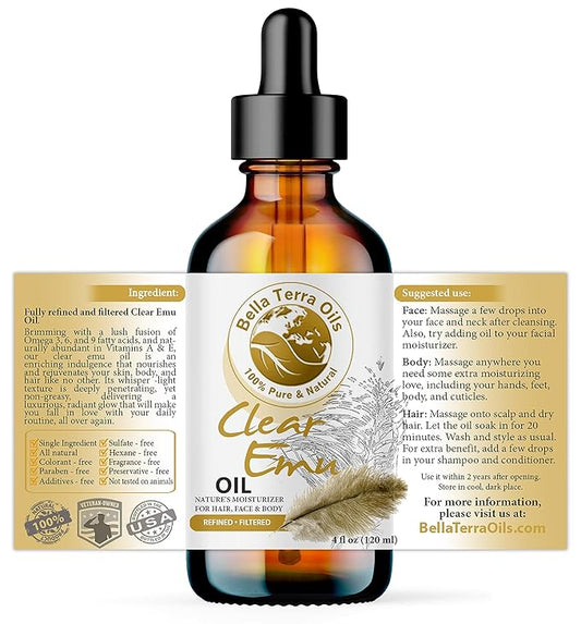 Bella Terra Oils - Clear Emu Oil 4oz - Inspired by Nature's Perfection, High in Omega-3 & Omega-6 Acids, Skin's Best Companion for Moisturization
