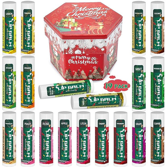 Yopela 19 Pack Christmas Natural Lip Balm Bulk with Vitamin E and Coconut Oil Lip Care Set - Moisturizing, Soothing, and Repairing Dry and Chapped Lips - 19 Flavors - Non-GMO