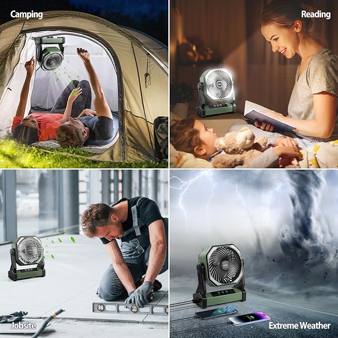 20000mAh Camping Fan, Rechargeable Portable Fan with 400 Lumes Light, 360° Rotatable Hook, 270° Pivot, 4 Speeds, 58Hrs Battery Powered for Tent Car Trip Outdoor BBQ Hurricane Power Outages