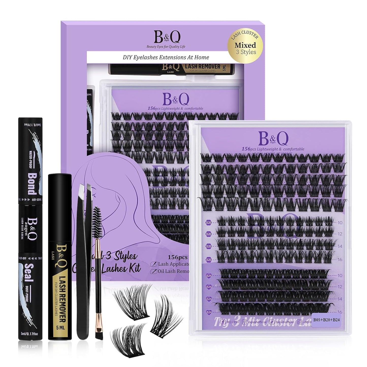 B&Qaugen Lash Extension Kit B05+B28+B24 Eyelash Extension Kit B&Q DIY Lash Extension Kit 156 PCS Lash Clusters 8-18mm Cluster Eyelash Extensions Kit with Lash Bond and Seal (Kit,B05+B28+B24)