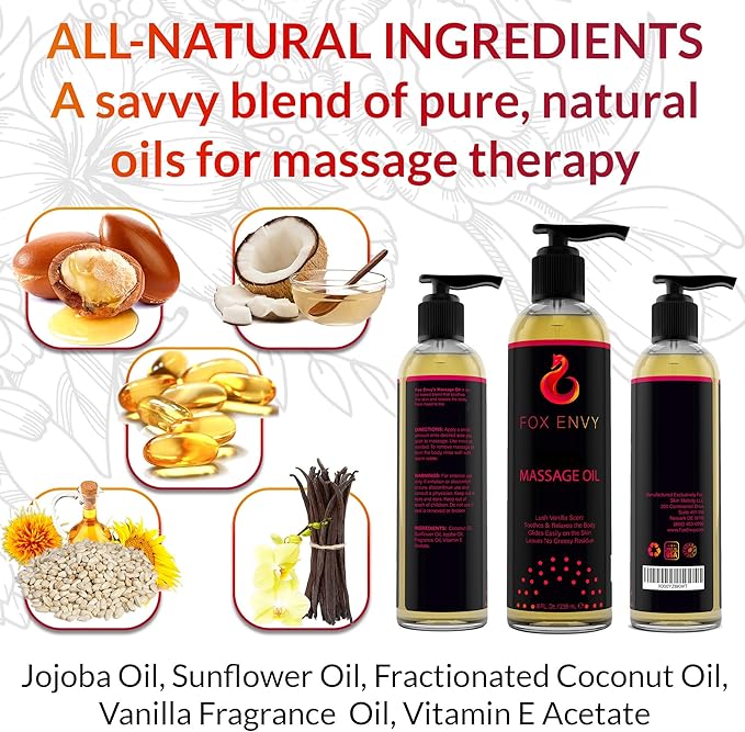 Body Massage Oil: Massage Oil for Massage Therapy, Premium Massaging Oil-Lush Vanilla Scent with Jojoba & Coconut Massage Oil, Therapeutic Massage, Oil 1Bottle, 8 fl oz