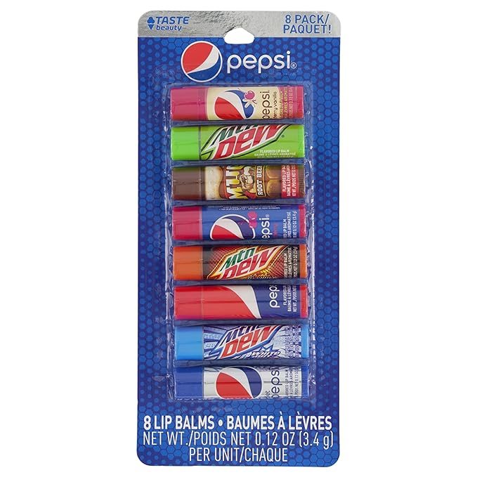 Taste Beauty Pepsi 8 Pack Lip Balm (Pepsi Cherry Vanilla, Mountain Dew, Mug, Pepsi Wild Cherry, Classic Pepsi, Mountain Dew White and Live Wire, Diet Pepsi)