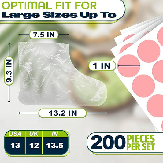 200 Pcs Plastic Foot Covers for Feet – 13 USA Leak-Proof, Durable, Ribbed Anti-Slip Design with 200 Stickers for Snug Closure – Plastic Socks for Moisturizing Feet, Great for Wax Foot Care & Hydration