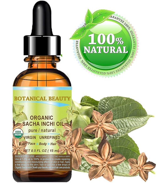 Botanical Beauty Organic SACHA INCHI OIL 100% Natural Pure Undiluted Virgin Unrefined Cold Pressed Carrier Certified Organic Oil 0.5 Fl.oz.- 15 ml. For Face, Skin, Hair, Lip, Nails, Rich in Vitamin E