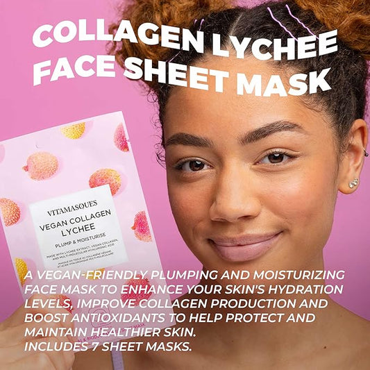 Vitamasques Vegan Collagen Lychee Face Sheet Mask Plumping & Moisturizing Korean Skin Care Facial Mask with Lychee Extract & Hyaluronic Acid - Natural & Biodegradable