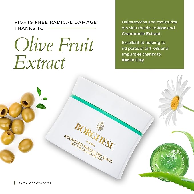 Borghese Advanced Fango Delicato Mud Musk - Hydrating Face Mask with Kaolin Clay, Aloe, Hydrolyzed Collagen & Hyaluronic Acid for Normal & Dry Skin