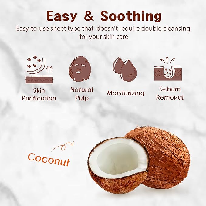 Purederm Coconut Essence Mask (12 Pack) - Coconut Extracts, Collagen, and Vitamin E to Make Your Skin Smooth and Clear