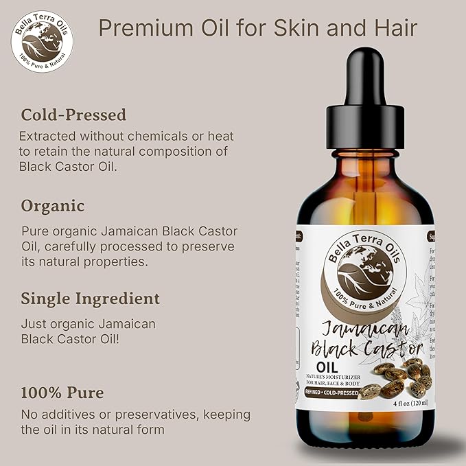 Bella Terra Oils - Black Castor Oil 2oz - Cold-Pressed Purity, A Beacon of Natural Beauty, Loaded with Beneficial Fatty Acids
