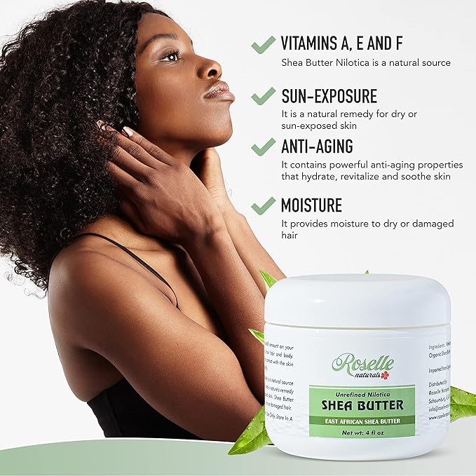 Roselle Naturals African Shea Butter - All Natural Nilotica Shea Butter Raw Organic, Unrefined Pure and Creamy White Shea Nilotica for Skin, Face, Hair and Body, 4 oz