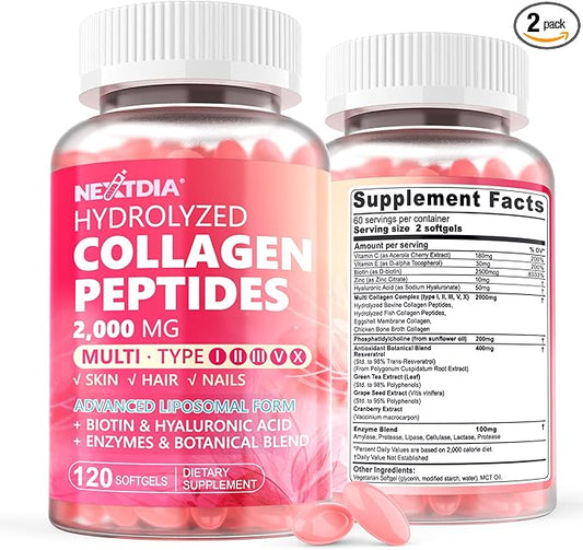 2 Pack Liposomal Collagen Peptides Pills for Women 2000mg, Multi Hydrolyzed Collagen Type I, II, III, V, X with 2500mcg Biotin - Collagen Supplements Softgels with Hair, Skin & Nails Vitamins, 240 Cts
