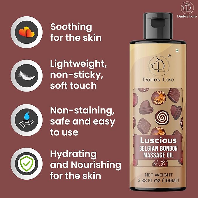 Dude's Love Luscious Belgian Bonbon Chocoalte Massage Oil - Natural Pleasant Aroma, for Men & Women, Nourishing & Moisturizing - 100 ML (3.38 Fl Oz)