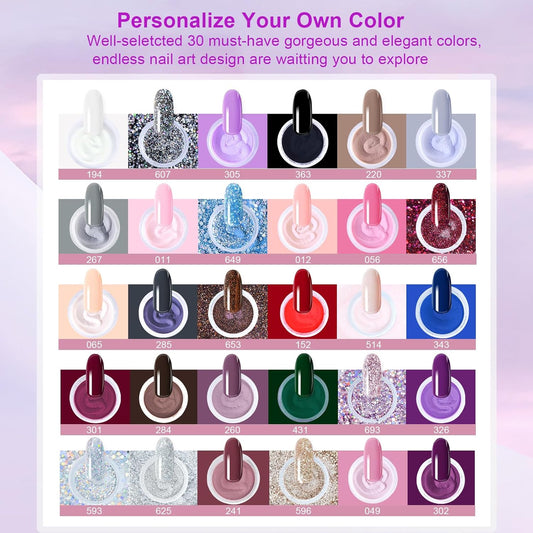 Dip Powder Nail Kit Starter, 30 Colors Dip Nails Skin Nude Brown Glitter, Dark Color Acrylic Dipping Powder Liquid Set with Base/Top Coat Activator Brush Saver for Manicure DIY Gift