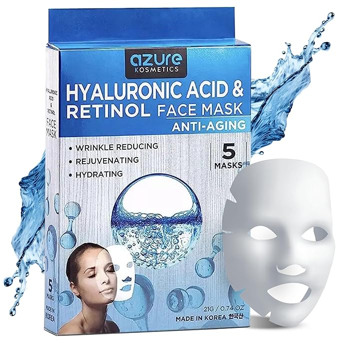 Azure Cosmetics Hyaluronic Acid & Retinol Anti Aging Facial Mask - Dermatologist Tested - Rejuvenating & Hydrating Face - Reduce Fine Lines & Wrinkles, Smooths & Repairs - Korean SkinCare (Pack of 5)