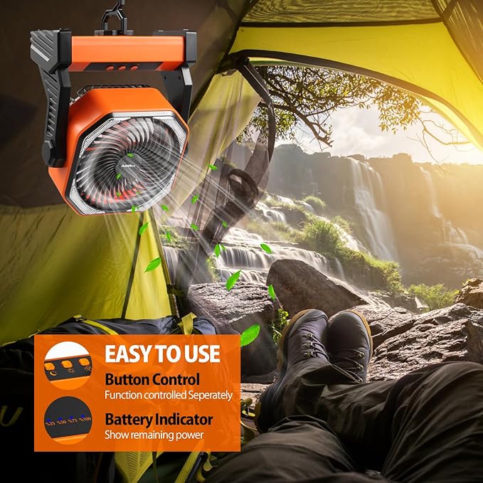 20000mAh Camping Fan, Rechargeable Portable Fan with 400 Lumes Light, 360° Rotatable Hook, 270° Pivot, 4 Speeds, 58Hrs Battery Powered for Tent Car Trip Outdoor BBQ Hurricane Power Outages
