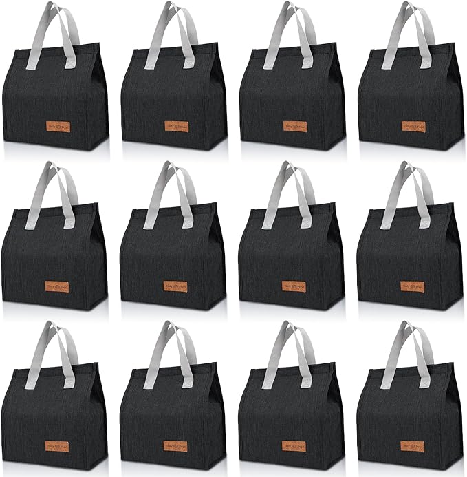 12 Pack Lunch Bags Bulk,Insulated Reusable Lunch Bags with Aluminum for Women Men,Leakproof Tote Large Lunch Box for Office,Work,Beach or Travel,Black