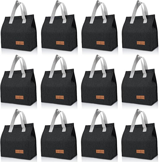 12 Pack Lunch Bags Bulk,Insulated Reusable Lunch Bags with Aluminum for Women Men,Leakproof Tote Large Lunch Box for Office,Work,Beach or Travel,Black
