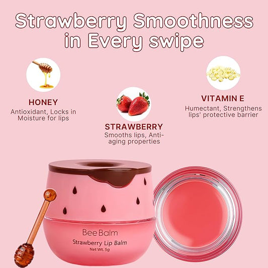 Original My Bee Balm Lip Balm - Strawberry Hydrating Balm Honey Pot for Dry, Chapped & Cracked Lips with Propolis, Honey & Vitamin E - Soften, Smooth & Reduce Lip Lines