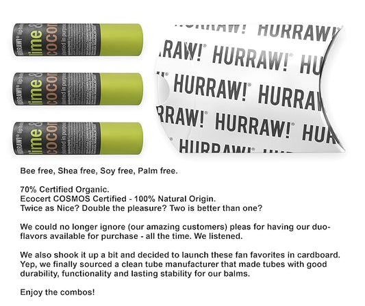 Hurraw! Lime & Coconut Lip Balm, 3 Pack: Plastic-Free with new cardboard push-up tube. Certified Organic, All Natural Origin, Vegan & Cruelty Free. Gluten Free. Bee, Shea, Soy & Palm Free. Made in USA