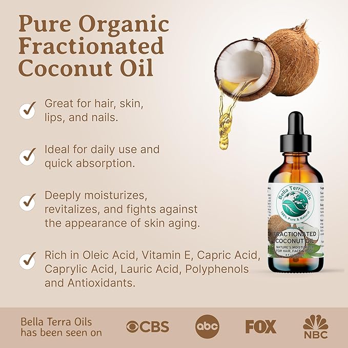 Bella Terra Oils - Liquid Organic Fractionated Coconut Oil 16 oz - Dive into Nutritional Excellence, Known for Antioxidants & MCTs, A Luxurious Treat for the Skin