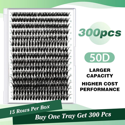 Lash Clusters 300pcs Individual Lashes 50D 0.07C Curl 9-18MIX DIY Eyelash Extension KEYYOU Large Tray Volume Soft&Natural Cluster Lashes(50D-0.07C,9-18MIX）