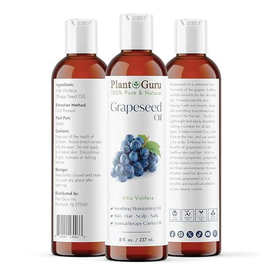 Grapeseed Oil 8 oz. Cold Pressed 100% Pure Natural Carrier For Skin, Body, Face, and Hair Growth Moisturizer. Great For Creams, Lotions, Lip balm and Soap Making.