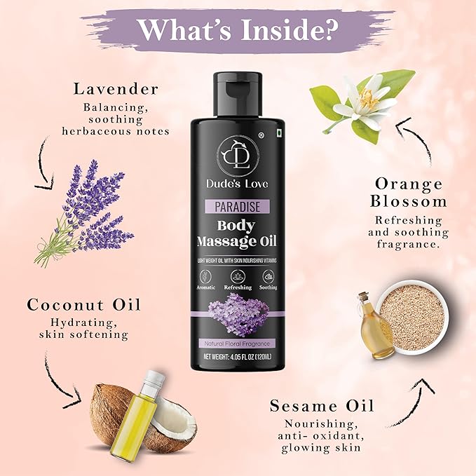 Organic - Lavender Floral Edible Full Body Massage Oil - Relaxing, Calming | No Stain & Non-Sticky |with Fractionated Coconut Oil, Orange Blossom & Lavender Oil - 4.05 Fl Oz