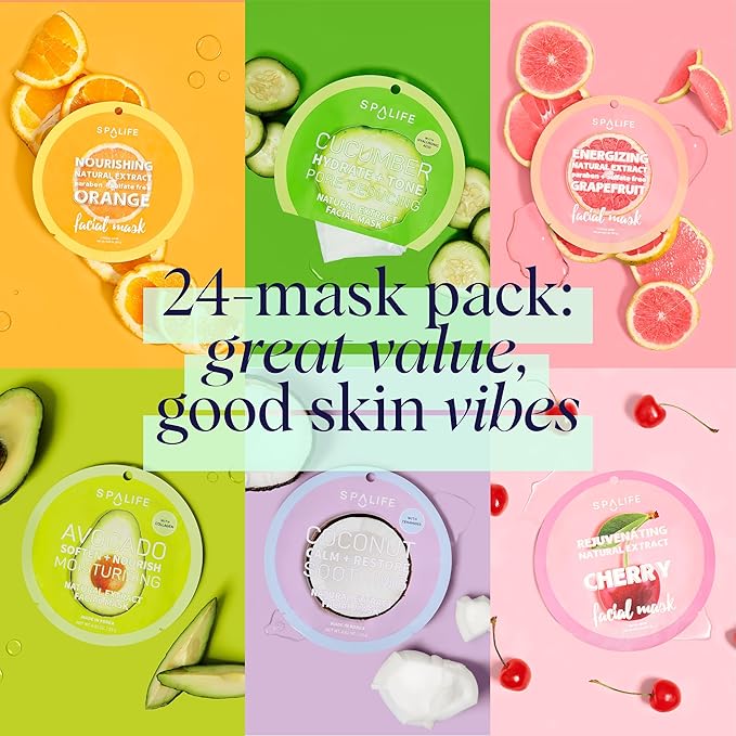 SpaLife Beauty Fruit Facial Sheet Masks 24 Pack – Face Masks Skincare Set – Hydrating Face Masks – 6 Natural Fruit Extract Formulas – Orange, Grapefruit, Coconut, Cherry, Avodcado, Cucumber