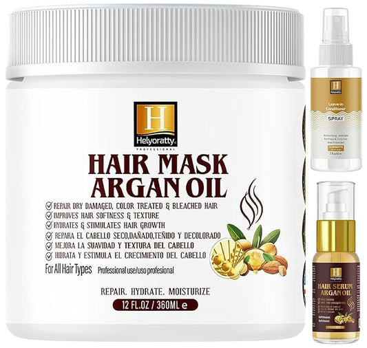 Argan Oil Hair Mask - for damaged hair and growth, moisturizes and repairs dry and damaged hair - Enriched with macadamia, jojoba and almond oil Deep conditioning mask - set All hair types - 12.fl.oz