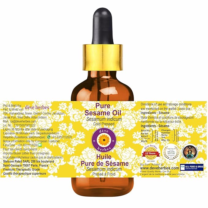 dève herbes Pure Sesame Oil (Sesamum indicum) with Glass Dropper Cold Pressed (Pack of two) 100ml X 2 (6.76 oz)