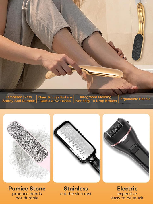 Beyond The Cream Veins Grain Foot File, Nano Glass Foot File, Hard Skin Callus Remover, Professional Pedicure Tool, Anti-Slip Handle Rope & Storage Bag, Ideal Gift for Beauty & Fitness Lovers, Golden