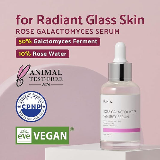 iUNIK Rose Galactomyces Synergy Vegan Face Serum 1.69 Fl Oz Naturally Fermented Rose Water Hydrating Ampoule Serum Deep Moisturizing Pore Minimizing Alcohol-free Chemical-free Korean Skincare