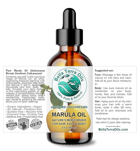 Bella Terra Oils - Marula Facial Oil 2 oz - Rich in Vitamin E & Omega Fatty Acids, Luxurious Oil for Radiant Skin, Cold-Pressed Essence