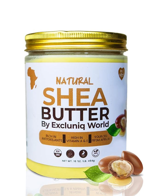 Natural Shea Butter by Excluniq World | Deep Moisturizer for Skin and Hair | Ideal for DIY Skincare, Haircare, and Natural Remedies | Unrefined, Raw, and Organic Soothing balm in 16 Oz Jar
