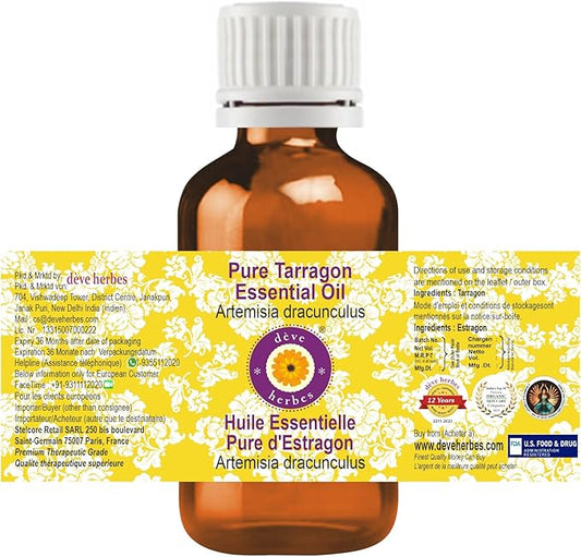 Deve Herbes Pure Tarragon Essential Oil (Artemisia Dracunculus) Steam Distilled 30ml (1 oz)