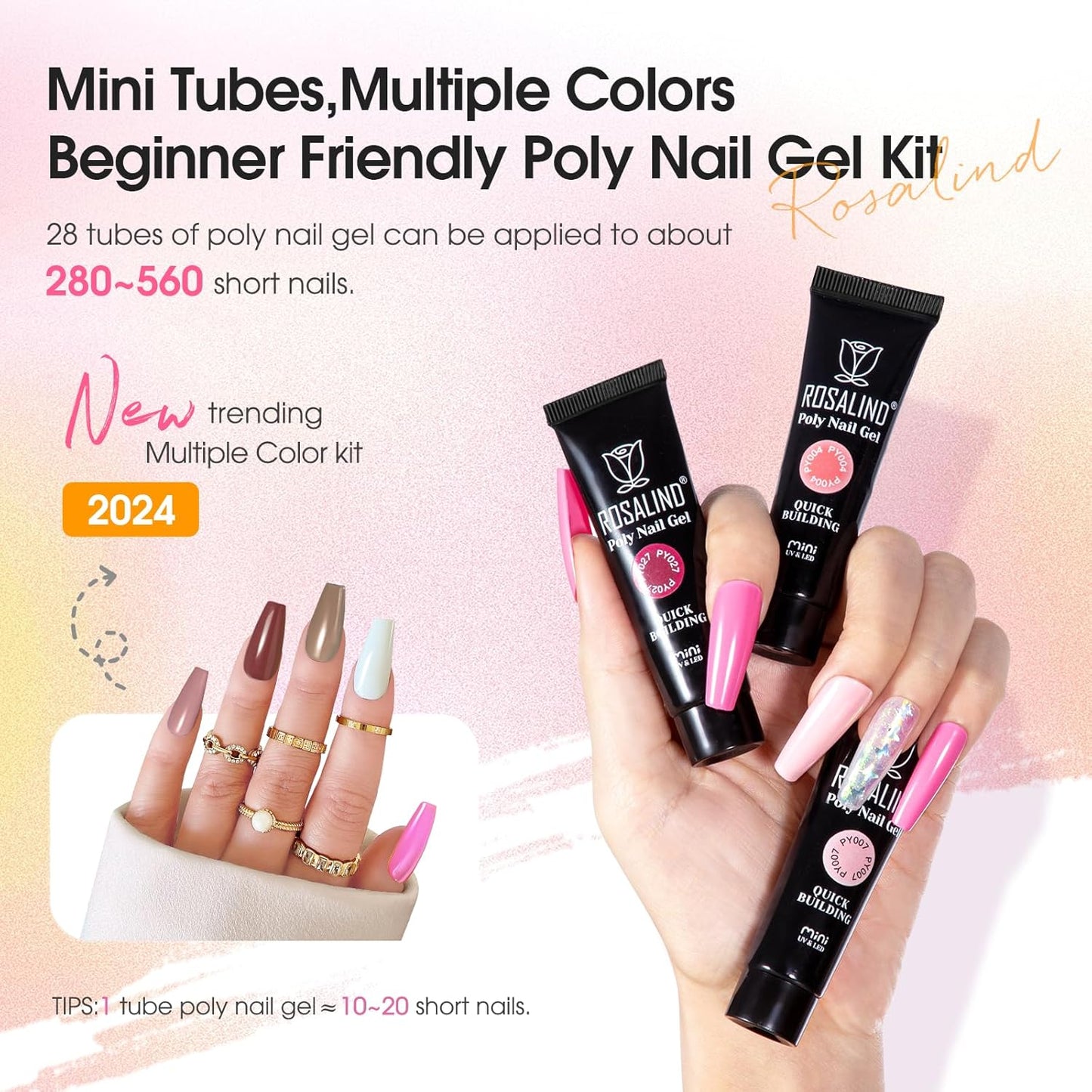 ROSALIND Poly Nail Gel Kit for Beginners - 28 Colors Extension Gel Set with UV/LED Nail Lamp, 72 Accessories (Base/Top Coat, Nail Forms, Tools), Long Lasting Salon Kit for DIY Manicure