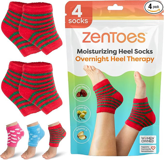 ZenToes Moisturizing Socks for Cracked Heel Treatment - Vitamin E, Olive Oil and Jojoba Oil Infused Heel Socks to Soften and Hydrate (Holiday Stripes, Regular)