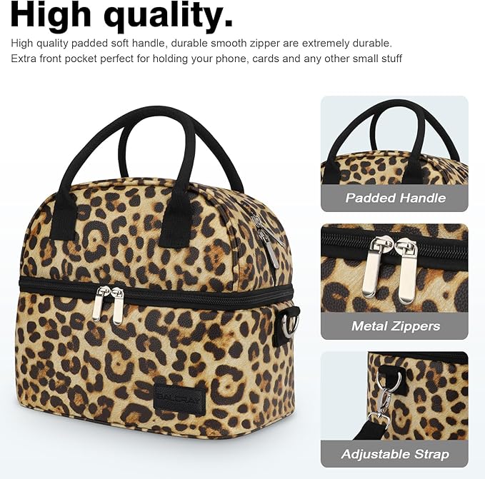 BALORAY Lunch Bag for Women Men, Double Deck Lunch Box for Adults, PU Leather Lunch Tote Bag Insulated Lunch Bags with Strap for Work Office Picnic