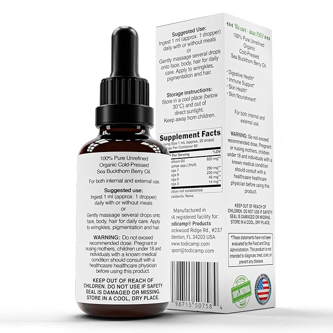 Organic Sea Buckthorn Oil - 1 fl oz Cold-Pressed Sea Buckthorn Berry Oil - Seabuckthorn for Face, Hair, Body & Supplement