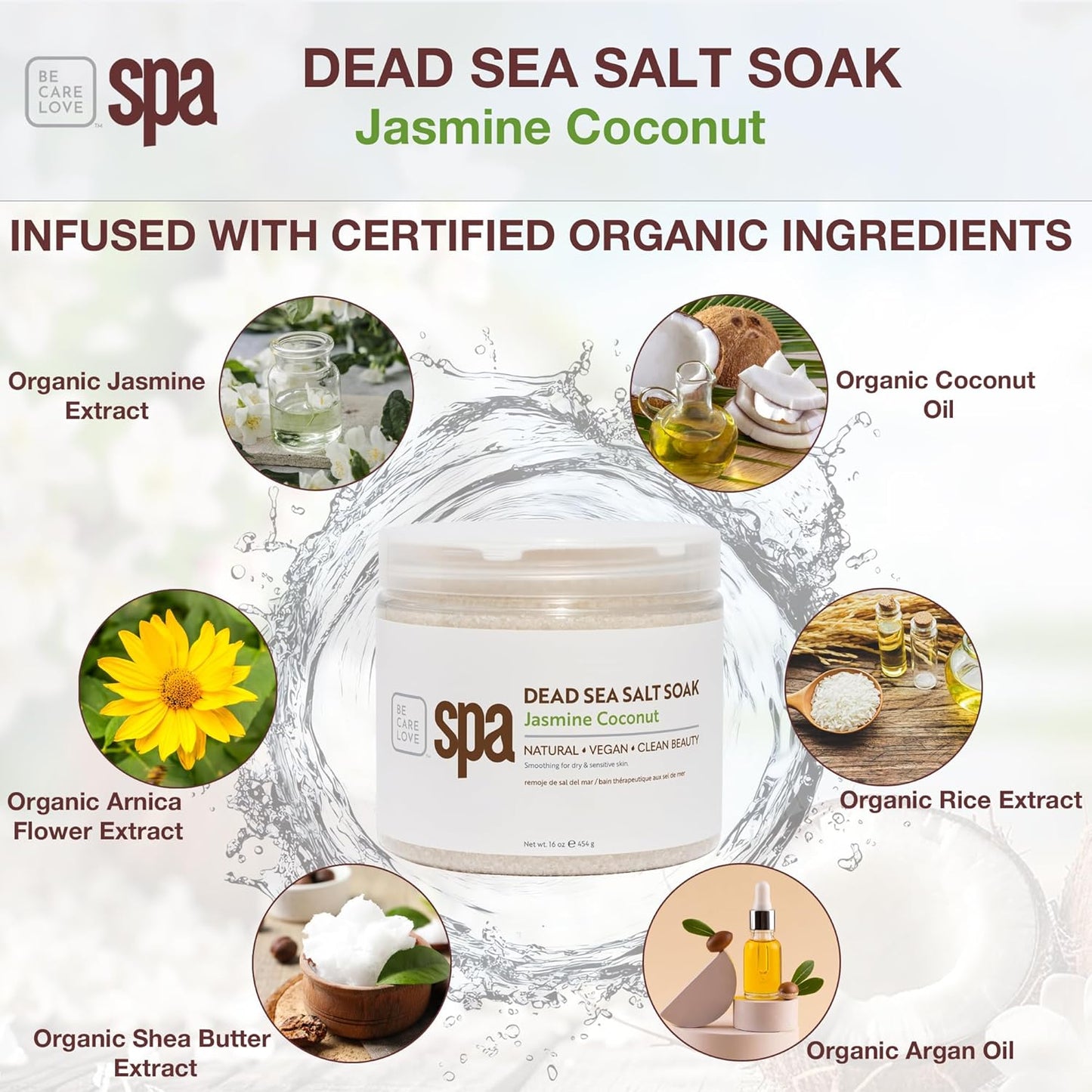 BCL SPA Dead Sea Salt Soak - Bath Salt with Organic Jasmine + Coconut, Shae Butter, Arnica, Aloe Vera Juice, Chamomile, Argan Oil & Jojoba Oil Skin Exfoliator - Home/Professional Use 16 fl oz