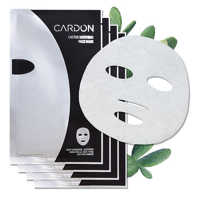 Cardon Cactus Soothing Sheet Mask | Korean Sheet Masks for Sensitive Skin Post-Shave | Korean Skin Care Mask | Vitamin E, Cactus Extract, Heartleaf, Cica | 4-Pack