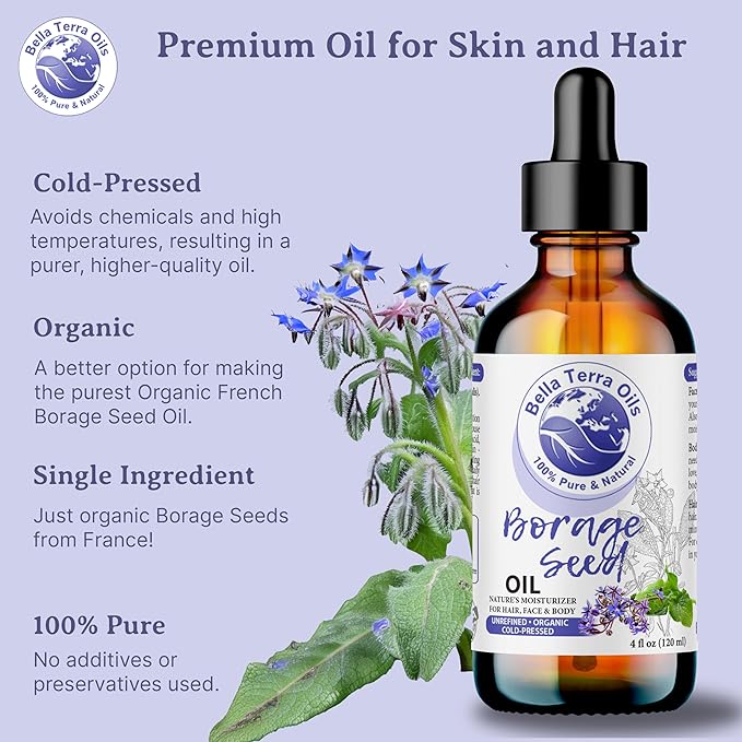 Bella Terra Oils - Organic Borage Seed Oil 4oz - Full of GLA, Embrace The Essence of Pure Organic Borage, Rich in Vitamins A & C, A Natural Boost for Skin's Vitality