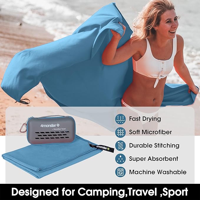 4Monster Camping Towel Super Absorbent, Quick Dry Microfiber Travel Towel, Fast Drying Ultra Soft Compact Gym Towel for Hiking Swimming Beach Yoga Travel Sports Backpack (Marine Blue, 71.00" x 35.00")