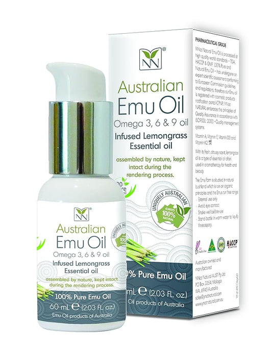 Y-Not Natural Ultra Pure Australian Emu Oil - Luxury, Hospital Grade Emu Oil 60 mL | Free Range Aboriginal Omega 3, 6 & 9 Oil Infused with Lemongrass - The Ultimate Moisturizer for Skin, Hair, Nails, and Scalp