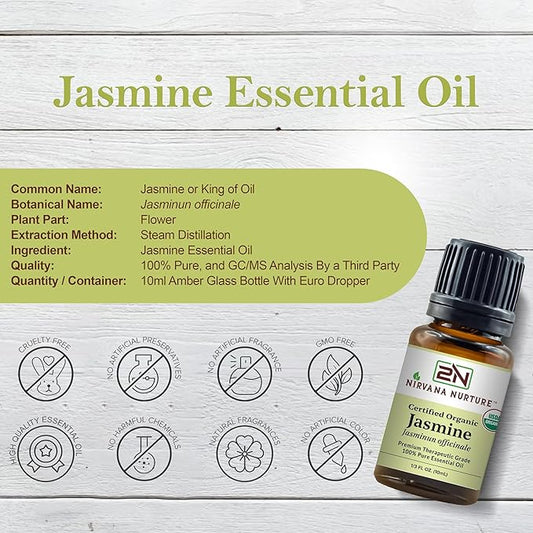 Jasmine Essential Oil USDA Certified Organic 100% Pure Premium Therapeutic Grade, Undiluted - Aromatherapy Diffuser for Calm and Relaxation, Skin Care, Hair Care