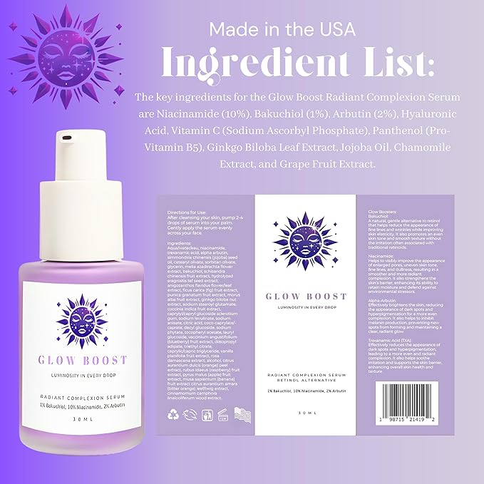 SC Sapphire's Glow Boost Bakuchiol Serum | Bakuchiol Retinol Alternative | 10% Niacinamide | 4% TXA, Peptides | Plant-based Facial Serums for Aging Skin, Puffiness, Wrinkles, & Fine Lines