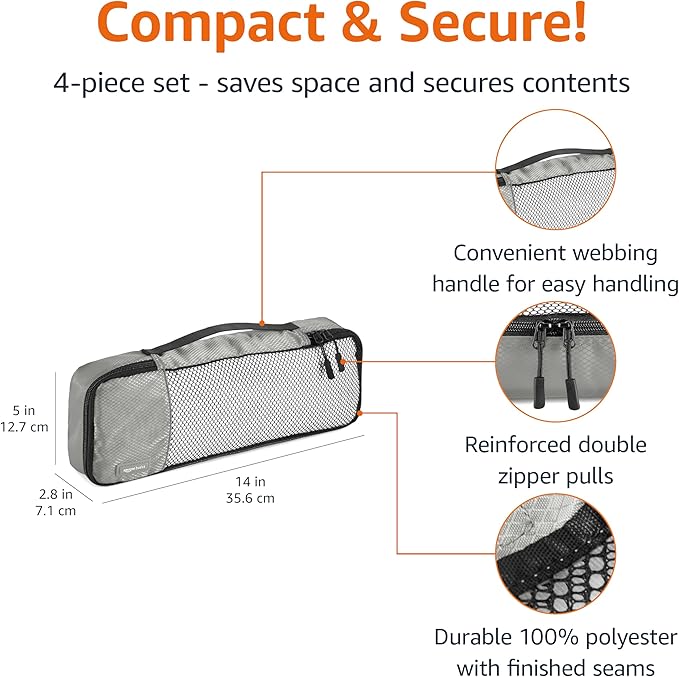 Amazon Basics Slim Packing Cubes for Travel, Packing Organizers, 4-Piece-Set With Double Zipper Pulls and Mesh Top Panel, 100% Durable Polyester, Gray, 14"L x 5"W x 3"H