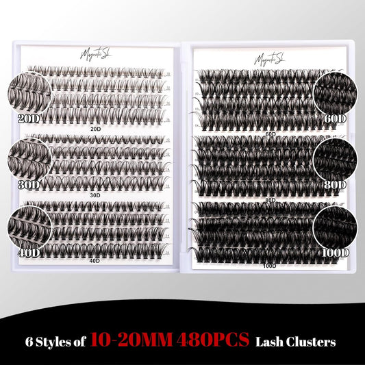Lash Clusters 480 Clusters D Curl 10-20mm False Eyelash 60D 80D 100D Thick Eyelash Extension 20D 30D 40D Individual Eyelashes Multi-Style DIY Lash Extensions for Beginners(20D-100D-D, 10-20MIX)