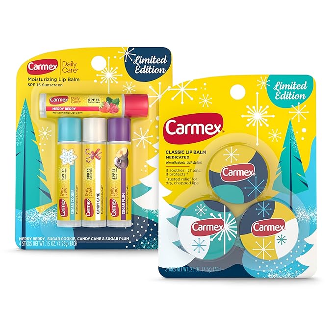 Carmex Lip Balm Limited Edition Holiday Packs: Carmex Daily Care Sticks, 4 count (1 pack), Carmex Medicated Jars, 3 Count (1 pack)